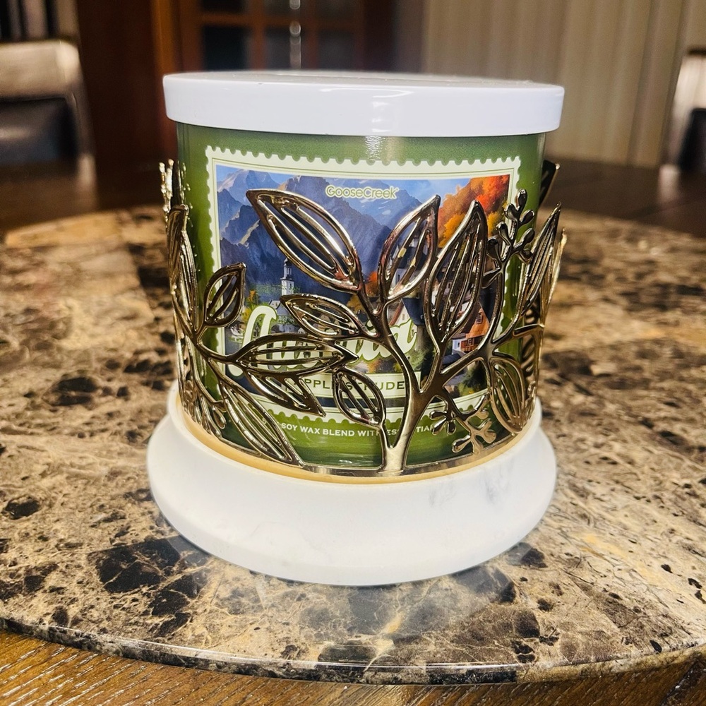 BBW Gold Candle Holder with Floral Accents & GOOSE CREEK Candle